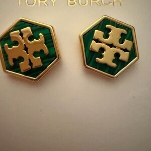 Tory Burch Gold and Green Hexagon Logo Stud Earrings